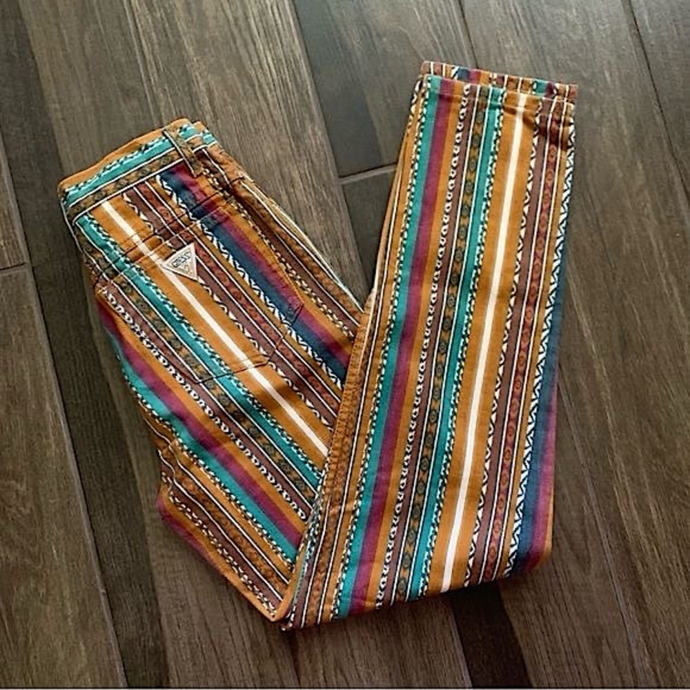 VTG Guess Striped Aztec Print High Rise Slim Tapered Leg Jeans Sz 10